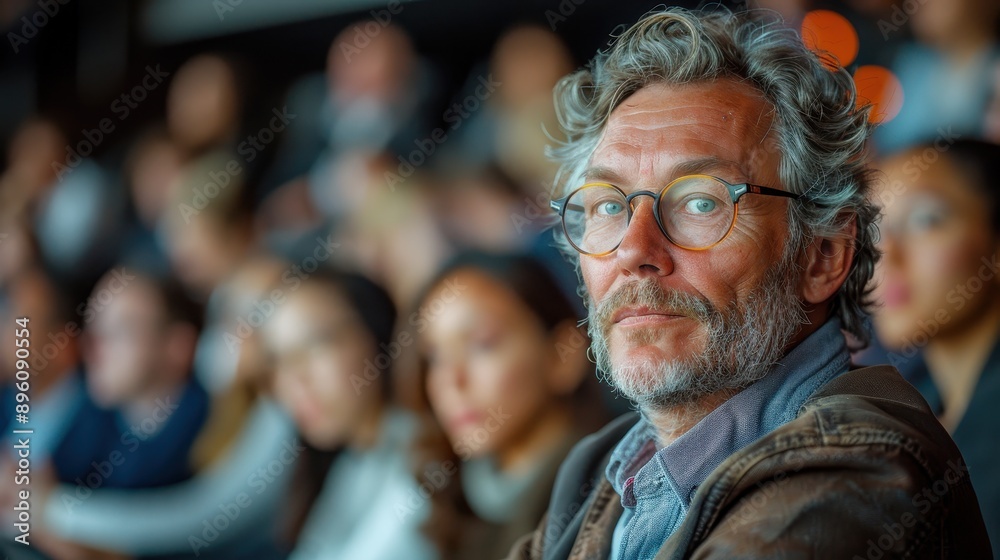 A man in a brown jacket attentively watches a presentation amidst a diverse audience in a dimly lit setting. The crowd appears engaged and invested in the content being shared. A man in a brown jacket attentively watches a presentation amidst a diverse audience in a dimly lit setting. The crowd appears engaged and invested in the content being shared.