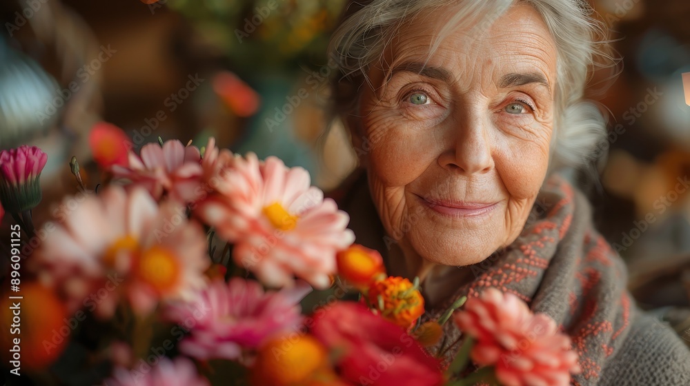 An elderly woman with a peaceful demeanor, showcasing colorful flowers and wearing a cozy shawl, embodied in a serene and tranquil atmosphere. An elderly woman with a peaceful demeanor, showcasing colorful flowers and wearing a cozy shawl, embodied in a serene and tranquil atmosphere.