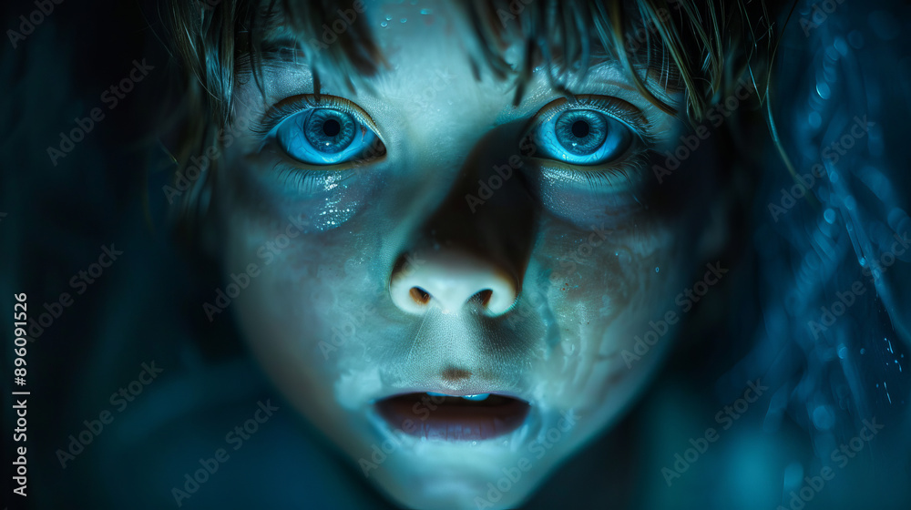 Close-up of a child's face with large blue eyes looking afraid emotion and fear