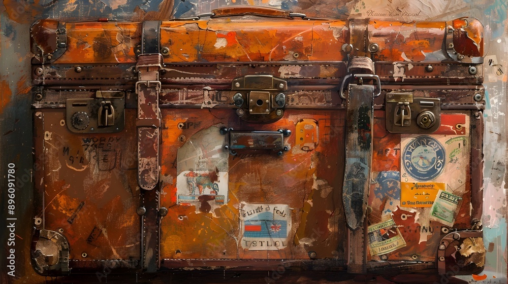Painting Showcasing the Textural Details of an Antique Suitcase with Worn Leather and Vintage Travel Stickers Capturing the Essence of Adventure and Nostalgia Painting Showcasing the Textural Details of an Antique Suitcase with Worn Leather and Vintage Travel Stickers Capturing the Essence of Adventure and Nostalgia