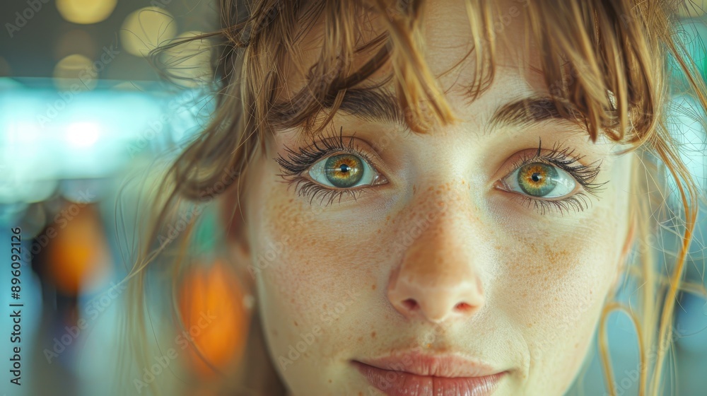 Close-up shot of a young woman with mesmerizing green eyes and freckles, looking directly at the camera with an expressive face. Blurred background highlights her features.