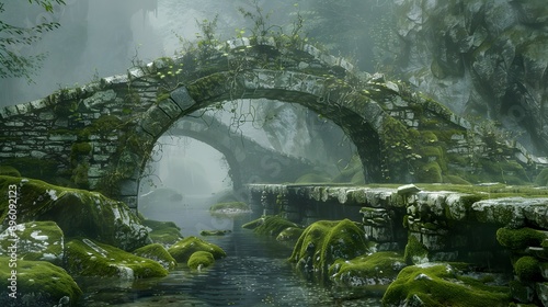 Enchanting moss covered stone bridge spanning a secluded stream in a lush misty forest glade with a sense of ancient weathered charm and a touch of mystery 