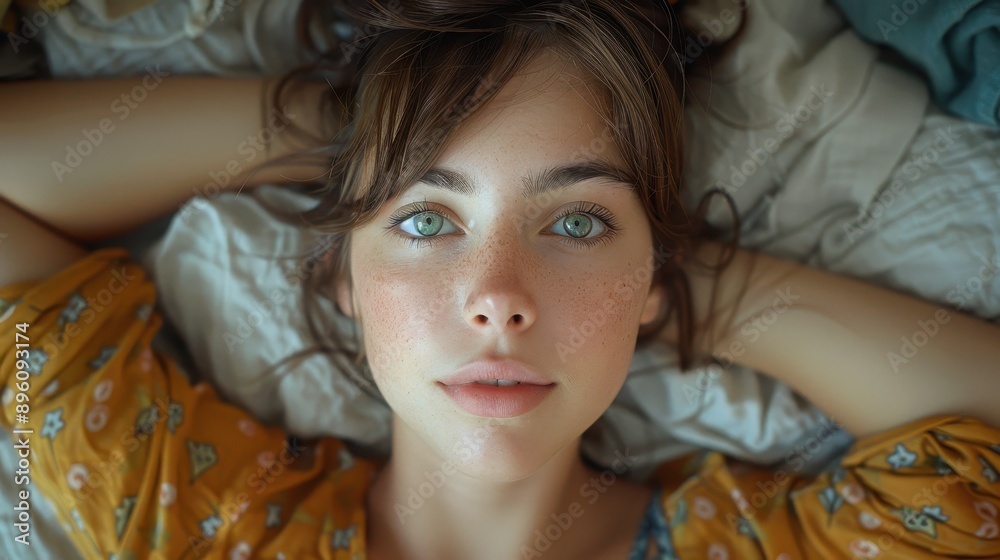 A relaxed individual with soft brown hair and clear blue eyes lies down with arms behind head, captured in a peaceful and content moment. A relaxed individual with soft brown hair and clear blue eyes lies down with arms behind head, captured in a peaceful and content moment.