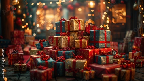 Many presents stacked up on a table with lights, Christmas holiday