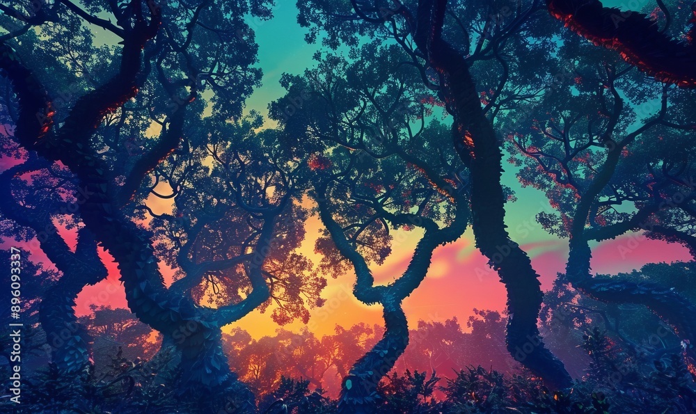 Fototapeta premium Magical forest where trees grow upside-down, leaves shimmering in iridescent tones, sky glowing with twilight colors
