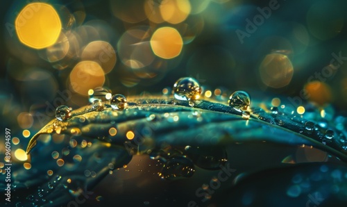 Close-up of water droplets on leaf, capturing microcosmic reflections and botanical details