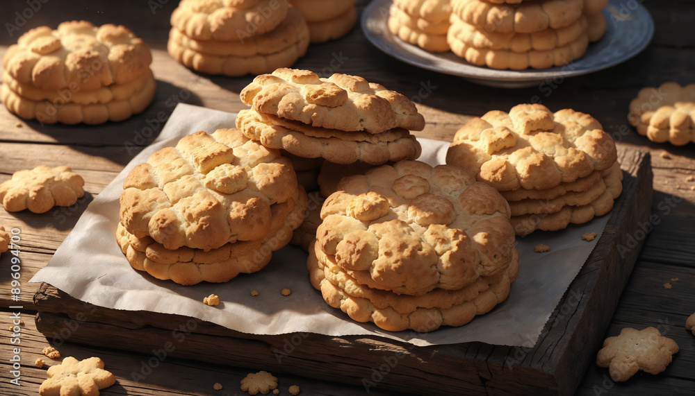 Golden cookies on a wooden board Golden cookies on a wooden board