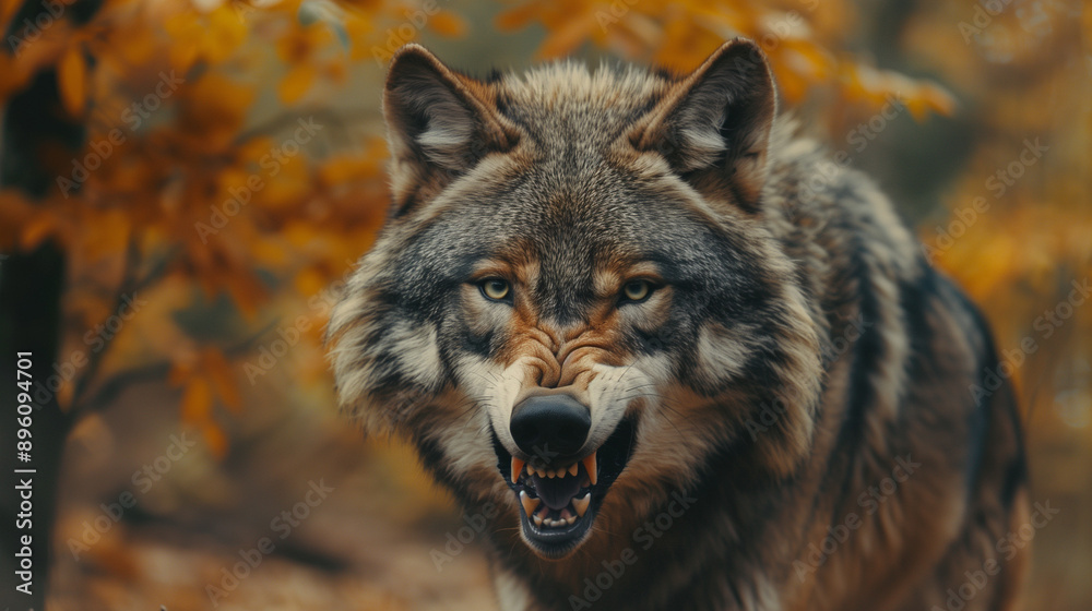 Evil wolf face with a strong grin and angry eyes against the background of an autumn forest. Evil wolf face with a strong grin and angry eyes against the background of an autumn forest.