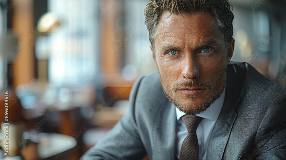 A serious, confident man in a well-tailored gray suit, sitting in an elegant office setting with modern decor and wooden elements, looking intently at the camera. A serious, confident man in a well-tailored gray suit, sitting in an elegant office setting with modern decor and wooden elements, looking intently at the camera.