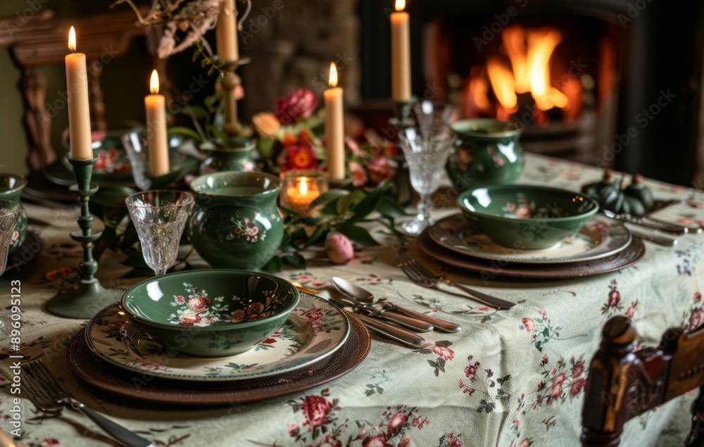 Cozy Candlelit Dining Table with Floral Decor Cozy Candlelit Dining Table with Floral Decor