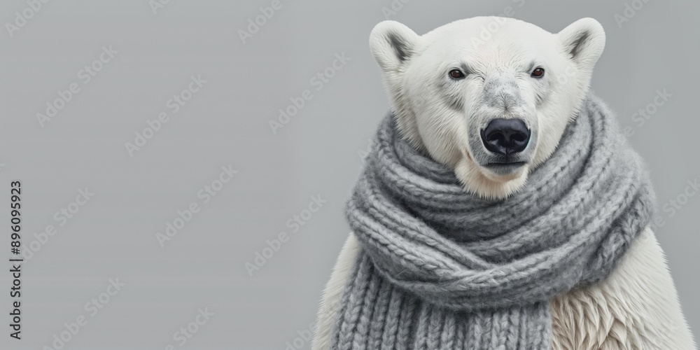 Studio close-up photo of a polar bear wearing a woolly scarf, isolated against a light grey background. Space for copy. Knitwear and knitting concept. Studio close-up photo of a polar bear wearing a woolly scarf, isolated against a light grey background. Space for copy. Knitwear and knitting concept.