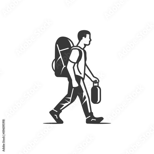 minimalist line art icon backpacker man in action logo symbol