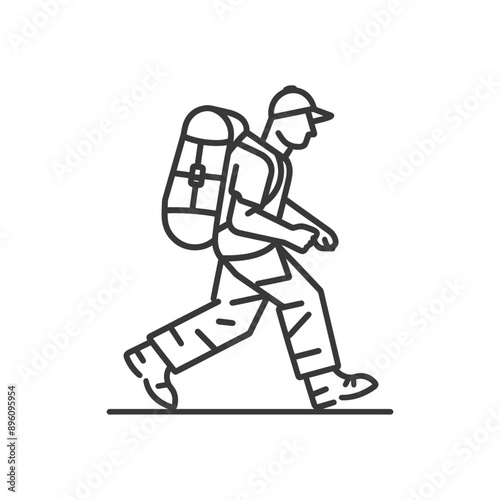minimalist line art icon backpacker man in action logo symbol