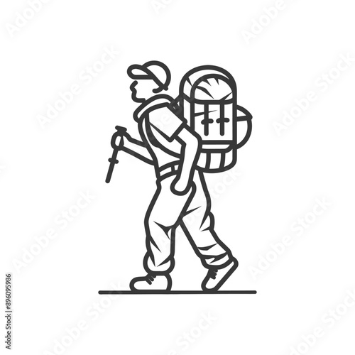 minimalist line art icon backpacker man in action logo symbol