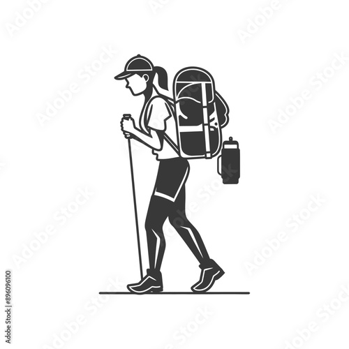 minimalist line art icon backpacker woman in action logo symbol