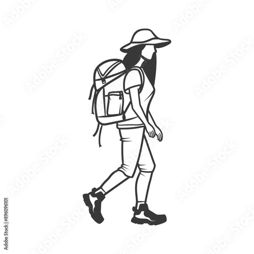 minimalist line art icon backpacker woman in action logo symbol