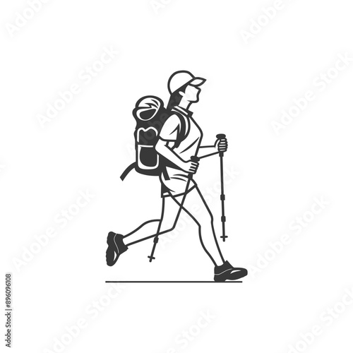 minimalist line art icon backpacker woman in action logo symbol