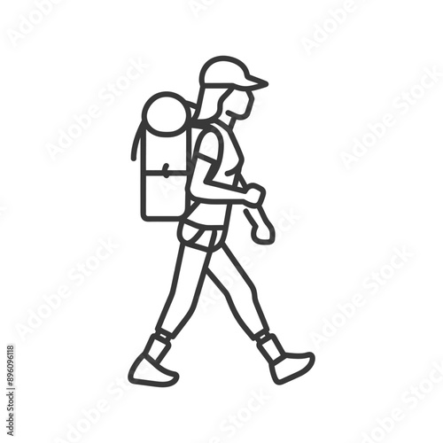 minimalist line art icon backpacker woman in action logo symbol