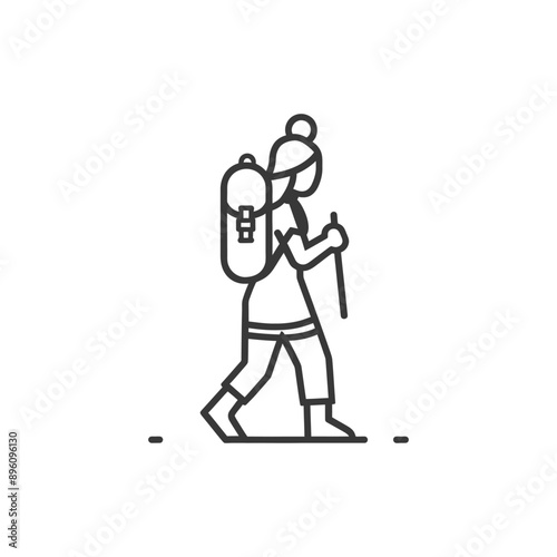 minimalist line art icon backpacker woman in action logo symbol