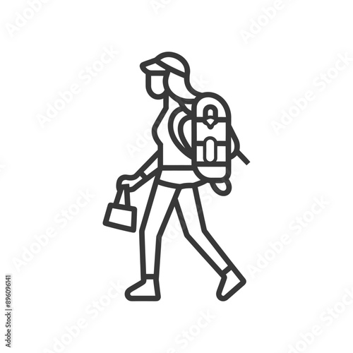 minimalist line art icon backpacker woman in action logo symbol