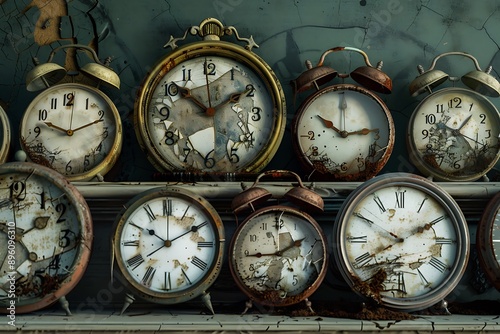 A collection of eerie antique clocks with cracked faces and rusted hands arranged on a dusty mantelpiece The clocks all show different times adding to the unsettling atmosphere