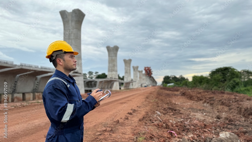 Engineer working at construction site try to inspect the project with determine and hard work. Engineer working at construction site try to inspect the project with determine and hard work.