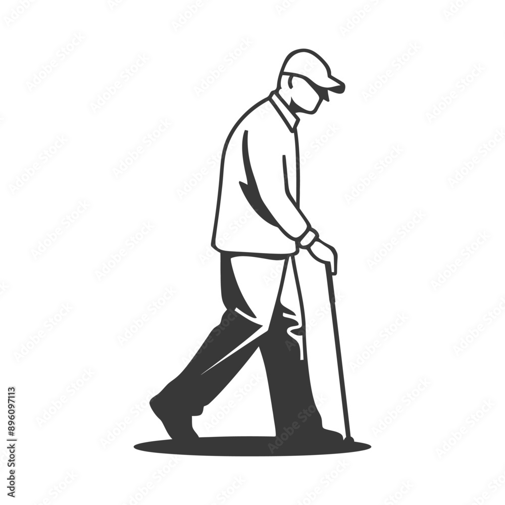 Fototapeta premium minimalist line art icon blind elderly walks with a cane logo symbol