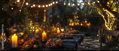 Candlelit outdoor dinner with fresh produce, cozy and inviting atmosphere