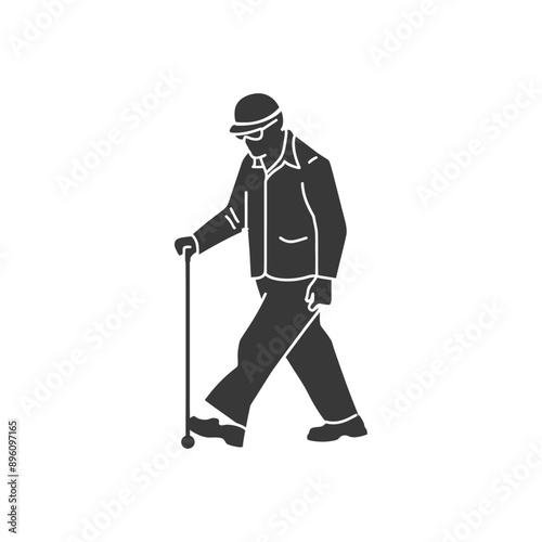 minimalist line art icon blind elderly walks with a cane logo symbol