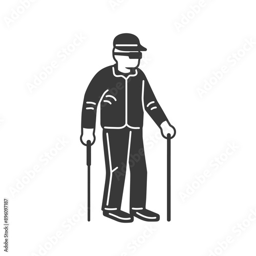 minimalist line art icon blind elderly walks with a cane logo symbol