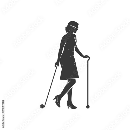 minimalist line art icon blind woman walks with a cane logo symbol