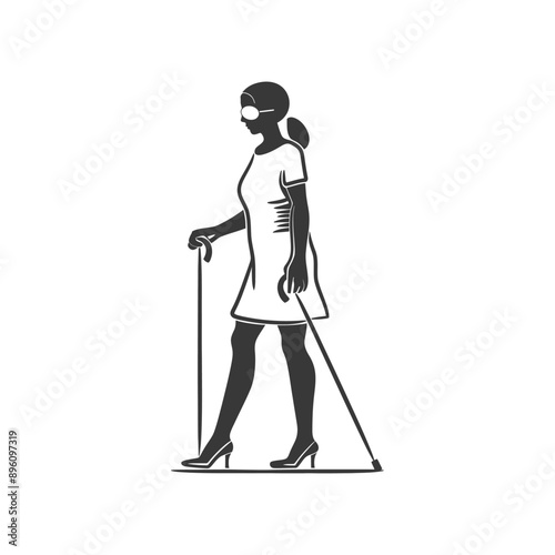 minimalist line art icon blind woman walks with a cane logo symbol