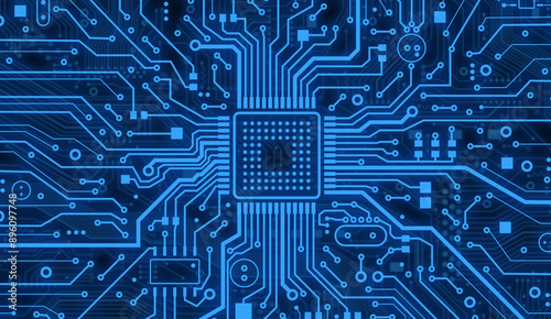 Modern technology concept. Blue computer microcircuit as background, top view. Illustration