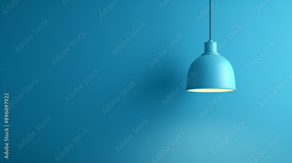 Modern minimalist blue lamp hanging and illuminating a blue wall