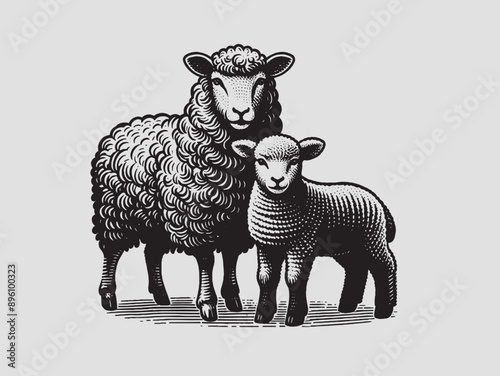 Sheep and lamb.  Vintage retro engraving illustration. Black icon, isolated elemen. print
