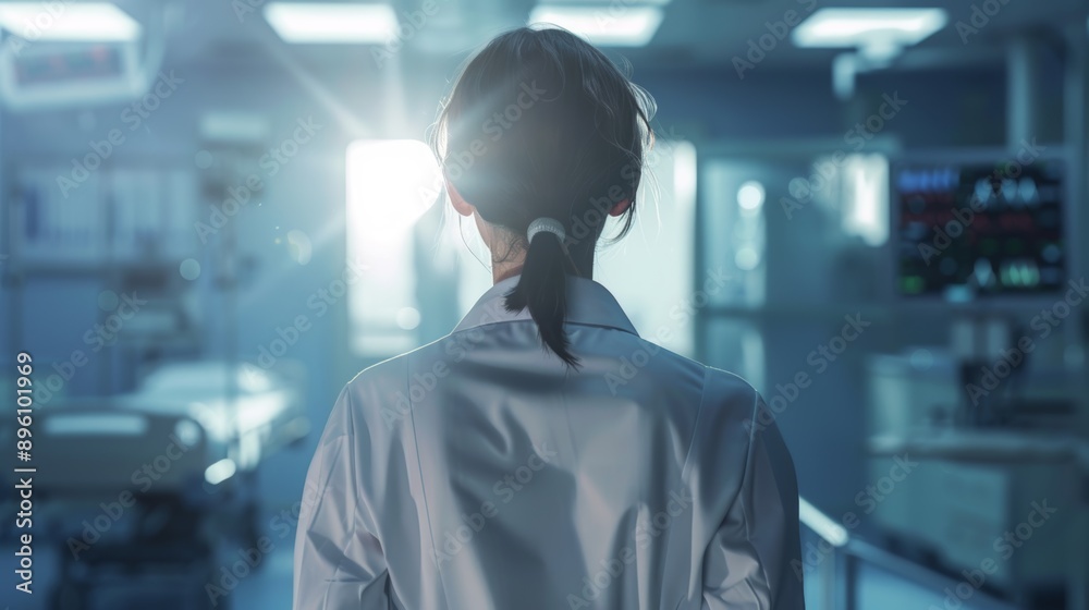 A woman in a white lab coat stands in front of a hospital room