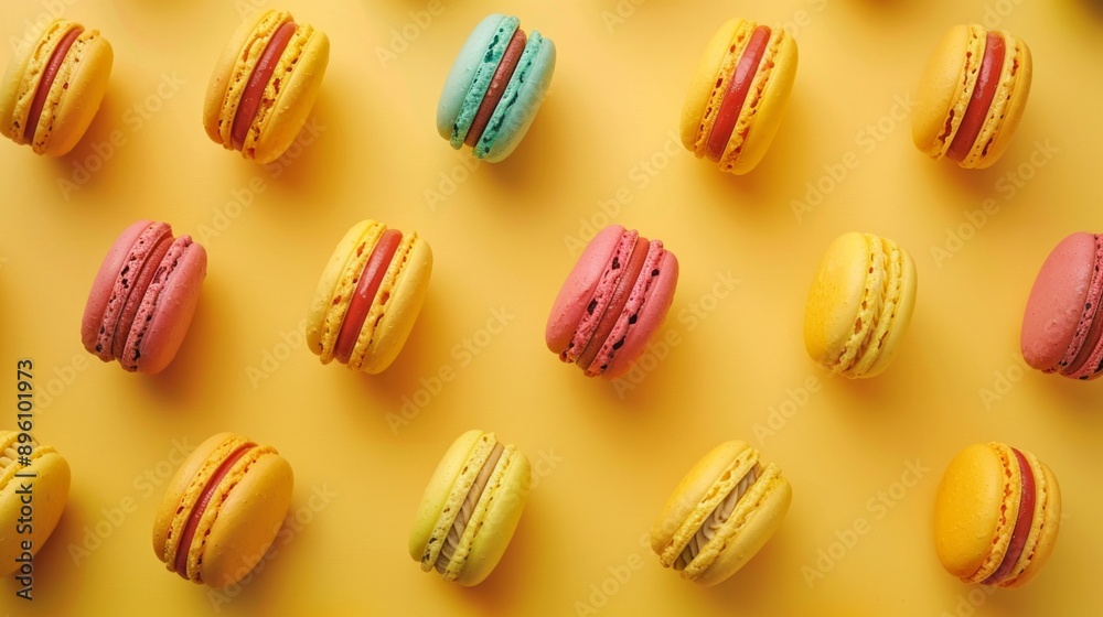 custom made wallpaper toronto digitalColorful French macarons arranged in a neat pattern on a bright yellow background. The dessert style is modern and appetizing. Perfect for food blogs, photo stock, or advertising. AI