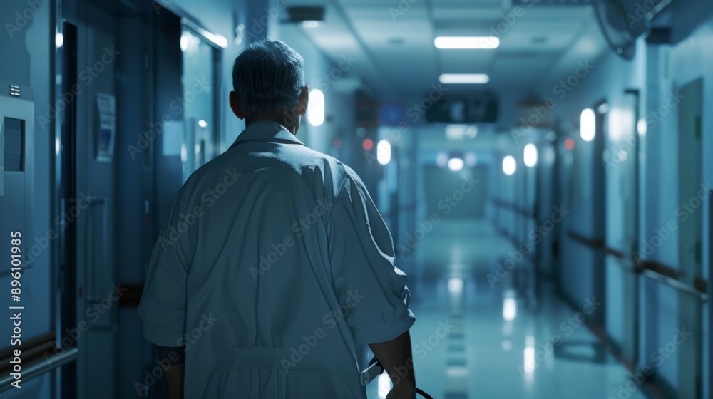 A man in a white lab coat walks down a hallway
