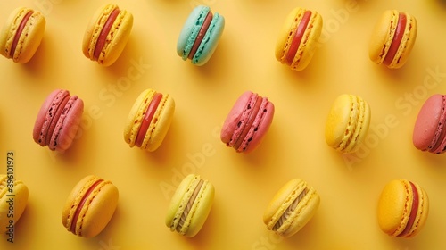 Wallpaper Mural Colorful French macarons arranged in a neat pattern on a bright yellow background. The dessert style is modern and appetizing. Perfect for food blogs, photo stock, or advertising. AI Torontodigital.ca