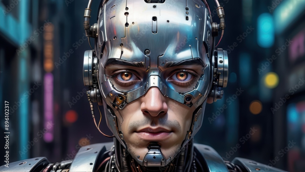 Futuristic Cyborg with Human Eyes in High-Tech Urban Setting Futuristic Cyborg with Human Eyes in High-Tech Urban Setting