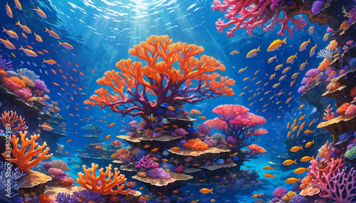 Coral reef underwater scene with colorful fish and seaweed