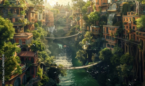 Whimsical city with streets turning into rivers, buildings growing from trees, and floating bridges