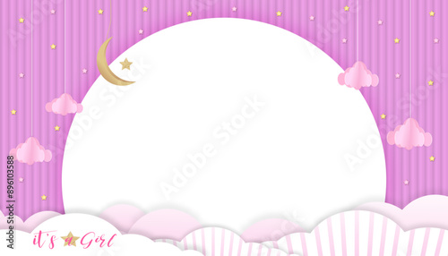 Baby shower card on Pink background,Paper art abstract origami cloudscape, crescent moon and stars on Pink sky,Cute paper cut with copy space for baby's Girl photos