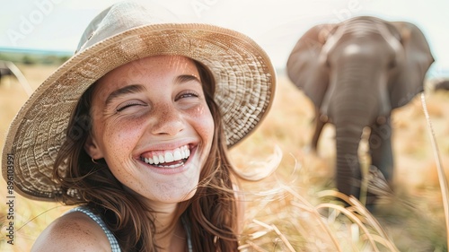 Happy Woman Smiles While on Safari Adventure - A woman with a wide smile wears a sun hat while on safari. She is looking at the camera and an elephant is in the background. The photo symbolizes happin photo