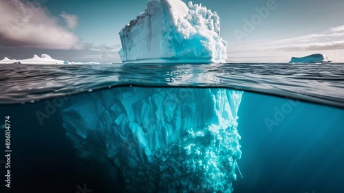 Majestic Iceberg Above and Below the Surface - A majestic iceberg floats in the crystal clear waters of the Arctic, showcasing both its above and below-water perspectives. The image symbolizes nature' photo