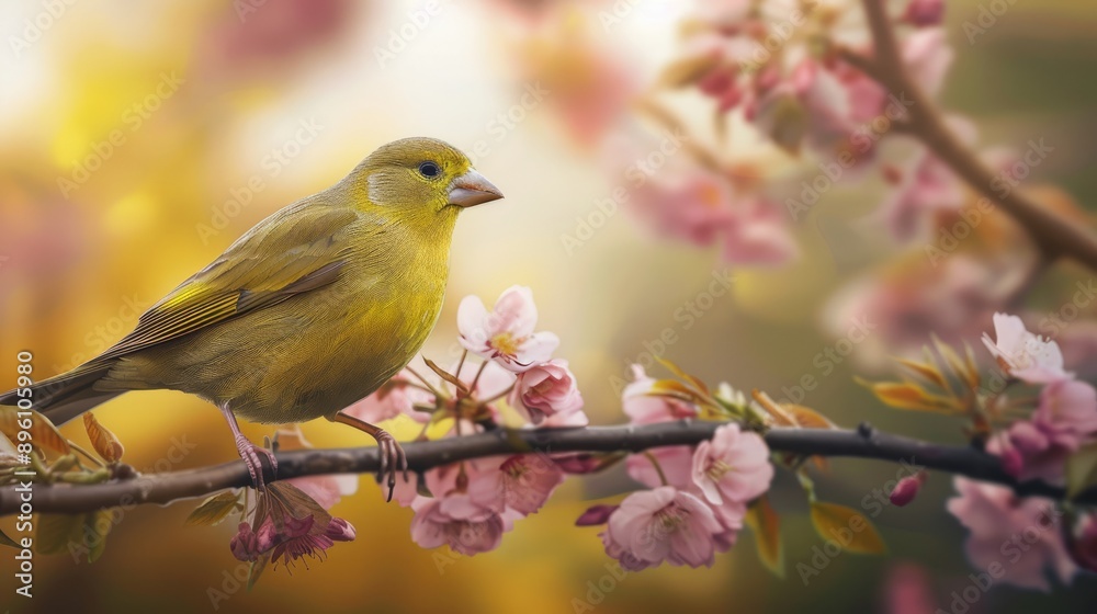 Green Finch Perched on a Branch of Pink Blossoms Green Finch Perched on a Branch of Pink Blossoms