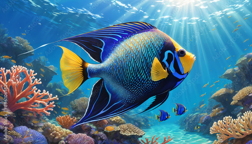 Naklejka premium Blue Angelfish Swimming in Coral Reef