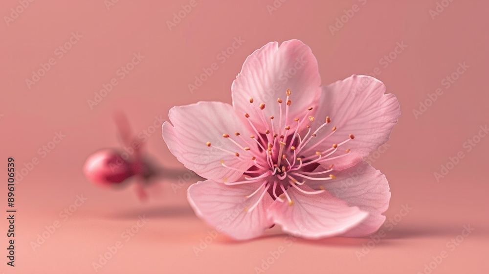 A single, fully bloomed cherry blossom flower in soft pink hues