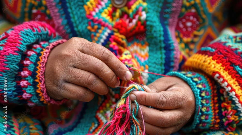 Close-up of hands knitting a colorful patterned sweater. Close-up of hands knitting a colorful patterned sweater.