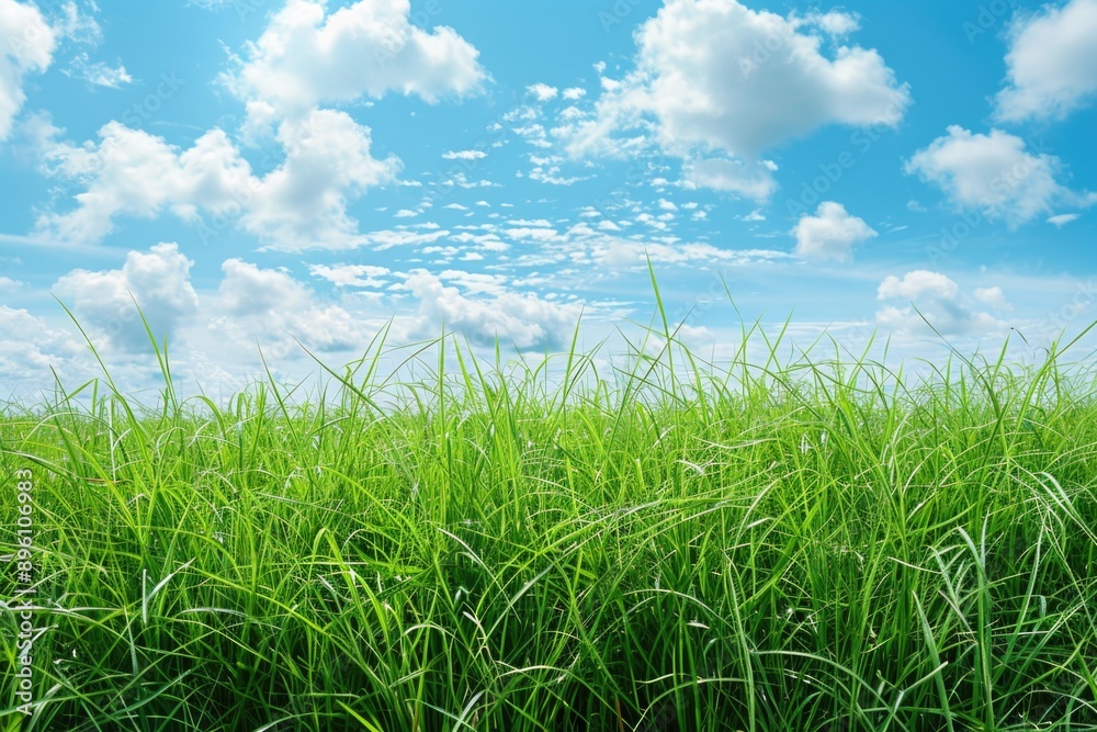 Obraz premium A serene scene of green grass with a clear blue sky in the background, suitable for outdoor or nature-themed uses